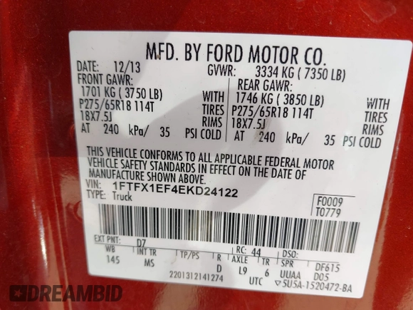2014 Ford F-150 XL with VIN 1FTFX1EF4EKD24122, listed as a IAAI auction lot 42089031 with 169,136 mi miles and . Bid and sale history available at carsss.com. Image 9.