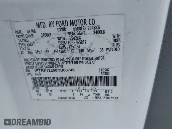 2006 Ford F-150 XL with VIN 1FTRF12256NB00746, listed as a IAAI auction lot 42708676 with 89,471 mi miles and . Bid and sale history available at DreamBid. Image 9.