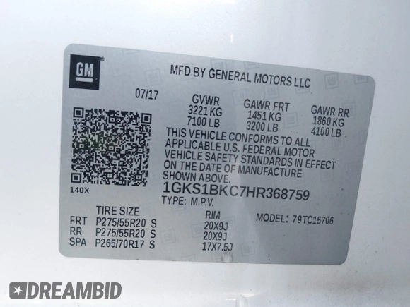 2017 GMC Yukon SLT with VIN 1GKS1BKC7HR368759, listed as a IAAI auction lot 41477644 with 1 mi miles. Bid and sale history available at carsss.com. Image 9.