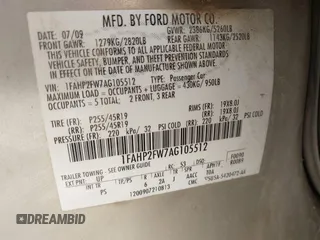 2010 Ford Taurus Limited с VIN 1FAHP2FW7AG105512, выставлен на аукционе IAAI как лот 41773479 с пробегом 143 549 миль миль и . История ставок и продаж доступна на DreamBid. Изображение 9.
