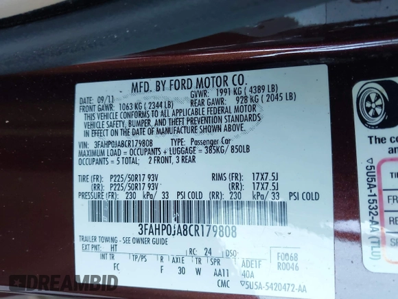 2012 Ford Fusion SEL with VIN 3FAHP0JA8CR179808, listed as a IAAI auction lot 41636690 with 55,333 mi miles and . Bid and sale history available at DreamBid. Image 9.