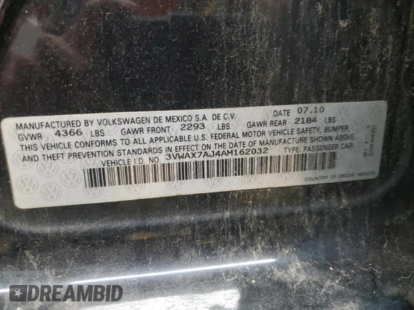 2010 Volkswagen Jetta Limited Edition with VIN 3VWAX7AJ4AM162032, listed as a Copart auction lot 56274115 with 164,642 mi miles and Salvage title. Bid and sale history available at DreamBid. Image 12.