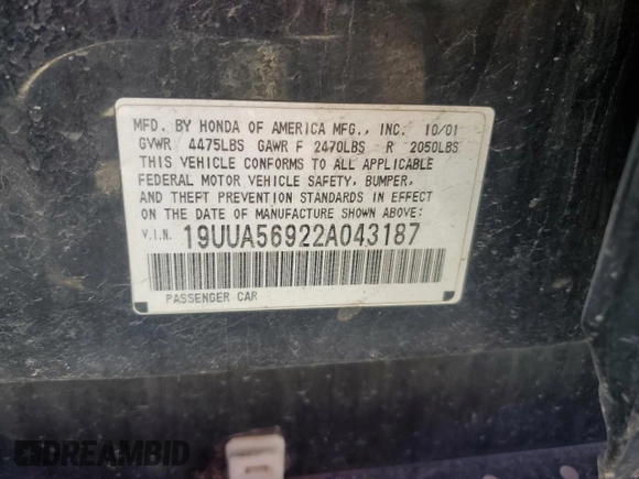 2002 Acura TL Type S w/Navigation with VIN 19UUA56922A043187, listed as a Copart auction lot 66700664 with 0 mi miles and Salvage Title. Bid and sale history available at carsss.com. Image 12.