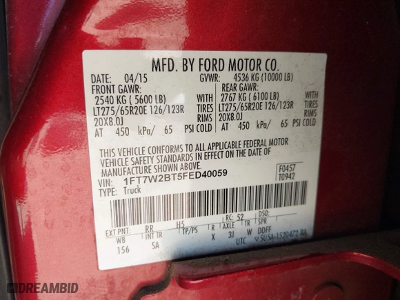 2015 Ford Super Duty F-250 SRW Lariat with VIN 1FT7W2BT5FED40059, listed as a IAAI auction lot 41762002 with 117,036 mi miles. Bid and sale history available at carsss.com. Image 9.
