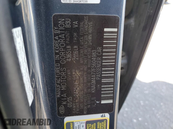 2015 Kia Optima LX with VIN KNAGM4A77F5604983, listed as a Copart auction lot 62608095 with 187,209 mi miles and Clean title. Bid and sale history available at DreamBid. Image 12.