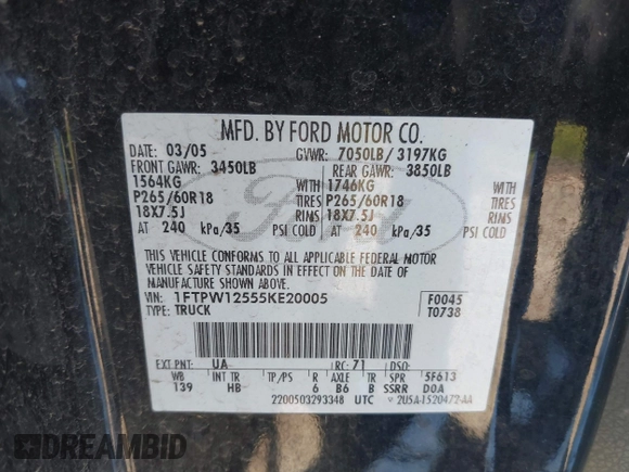 2005 Ford F-150 XLT with VIN 1FTPW12555KE20005, listed as a IAAI auction lot 42196483 with 198,964 mi miles and . Bid and sale history available at carsss.com. Image 9.