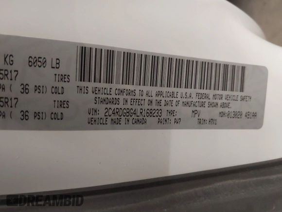 2020 Dodge Grand Caravan SE with VIN 2C4RDGBG4LR168233, listed as a IAAI auction lot 41680974 with 62,765 mi miles and . Bid and sale history available at DreamBid. Image 9.