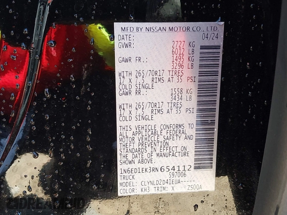 2024 Nissan Frontier Pro-4X with VIN 1N6ED1EK3RN654112, listed as a IAAI auction lot 41686345 with 14,893 mi miles and . Bid and sale history available at DreamBid. Image 9.