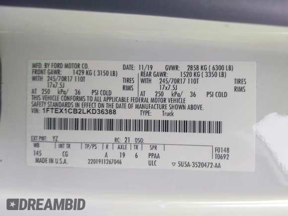 2020 Ford F-150 XL with VIN 1FTEX1CB2LKD36388, listed as a IAAI auction lot 42157444 with 227,864 mi miles and . Bid and sale history available at DreamBid. Image 9.