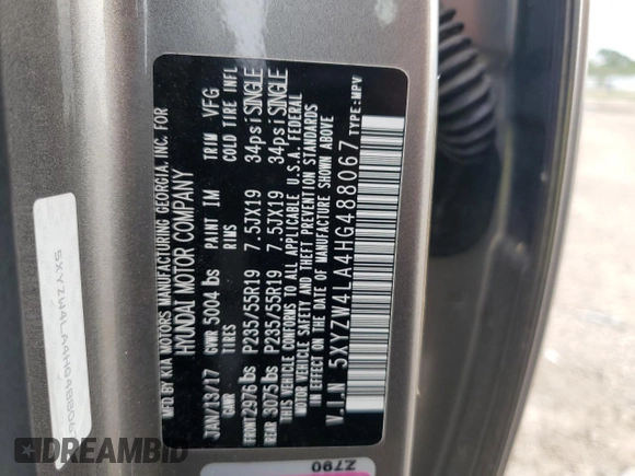 2017 Hyundai Santa Fe Ultimate with VIN 5XYZW4LA4HG488067, listed as a Copart auction lot 54984005 with 100,784 mi miles and Salvage title. Bid and sale history available at DreamBid. Image 12.