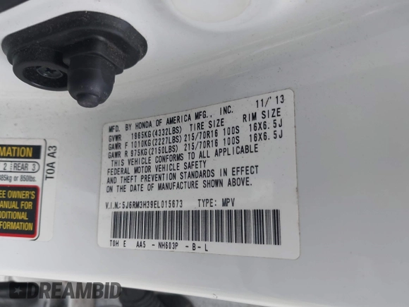2014 Honda CR-V LX with VIN 5J6RM3H39EL015673, listed as a IAAI auction lot 40808262 with 156,729 mi miles. Bid and sale history available at carsss.com. Image 9.