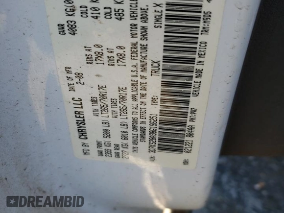 2008 Dodge 2500 SLT with VIN 3D7KS28A38G196251, listed as a Copart auction lot 81041614 with 128,796 mi miles and Salvage title. Bid and sale history available at DreamBid. Image 14.