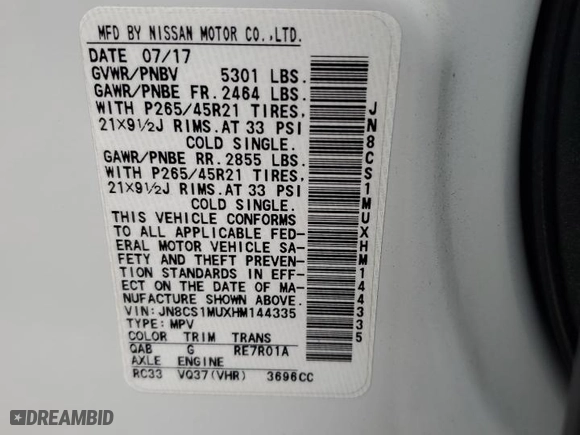 2017 Infiniti QX70 with VIN JN8CS1MUXHM144335, listed as a Copart auction lot 56918414 with 69,592 mi miles. Bid and sale history available at carsss.com. Image 13.