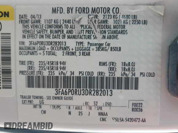 2013 Ford Fusion Titanium Hybrid с VIN 3FA6P0RU3DR282013, выставлен на аукционе Copart как лот 53651595 с пробегом 133 214 миль миль и Списание • Salvage title. История ставок и продаж доступна на DreamBid. Изображение 13.
