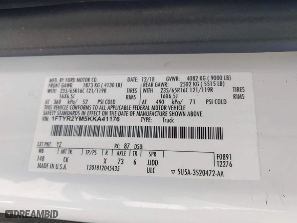 2019 Ford Transit Van with VIN 1FTYR2YM5KKA41176, listed as a IAAI auction lot 41594906 with NaN miles. Bid and sale history available at carsss.com. Image 9.