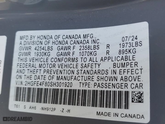 2025 Honda Civic Sedan Hybrid Sport with VIN 2HGFE4F80SH301920, listed as a Copart auction lot 46314325 with NaN miles and Salvage Title. Bid and sale history available at carsss.com. Image 12.