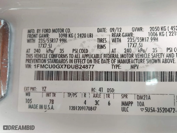 2013 Ford Escape SE with VIN 1FMCU0GX7DUB24877, listed as a IAAI auction lot 42038426 with 126,207 mi miles. Bid and sale history available at carsss.com. Image 9.