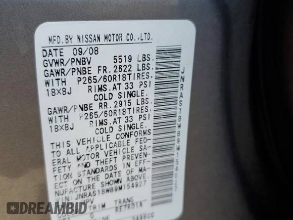 2009 Infiniti FX35 with VIN JNRAS18W89M154927, listed as a Copart auction lot 77336834 with 200,573 mi miles and Clean Title. Bid and sale history available at carsss.com. Image 13.