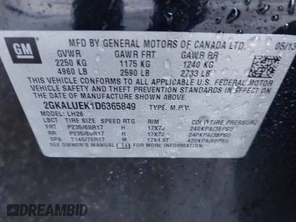 2013 GMC Terrain SLT with VIN 2GKALUEK1D6365849, listed as a IAAI auction lot 41756515 with 114,598 mi miles and . Bid and sale history available at carsss.com. Image 9.