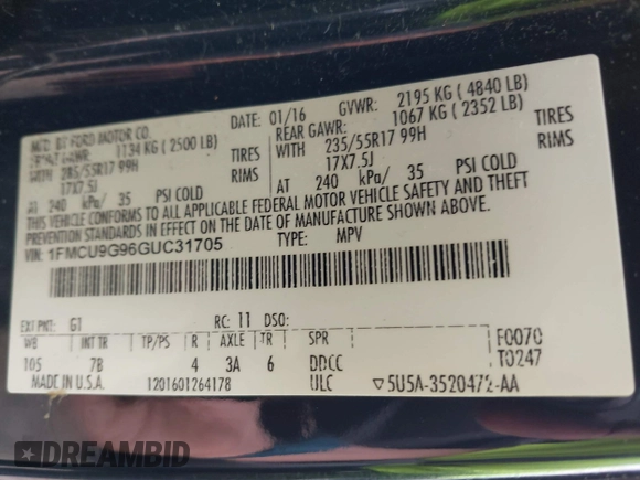 2016 Ford Escape SE with VIN 1FMCU9G96GUC31705, listed as a IAAI auction lot 42251216 with 118,270 mi miles and . Bid and sale history available at DreamBid. Image 9.