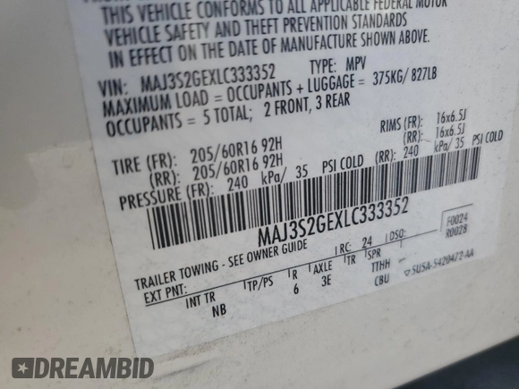 2020 Ford EcoSport SE z VIN MAJ3S2GEXLC333352, wystawiony jako Copart lot #53942215 z przebiegiem 22 865 mil mil oraz Nie do naprawy. Historia ofert i sprzedaży dostępna na DreamBid. Obrazek 14.