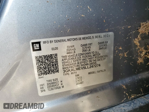 2020 GMC Terrain SLE with VIN 3GKALMEV5LL247274, listed as a Copart auction lot 52832085 with Not provided miles and Salvage title. Bid and sale history available at DreamBid. Image 14.