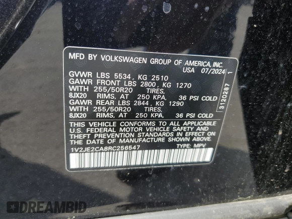 2024 Volkswagen Atlas SE z VIN 1V2JE2CA8RC256547, wystawiony jako Copart lot #54167985 z przebiegiem 3 769 mil mil oraz Szkoda całkowita • Salvage title. Historia ofert i sprzedaży dostępna na DreamBid. Obrazek 13.