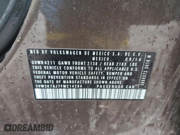 2015 Volkswagen Jetta S с VIN 3VW2K7AJ7FM214294, выставлен на аукционе Copart как лот 56101895 с пробегом 135 865 миль миль и Списание • Salvage title. История ставок и продаж доступна на DreamBid. Изображение 12.