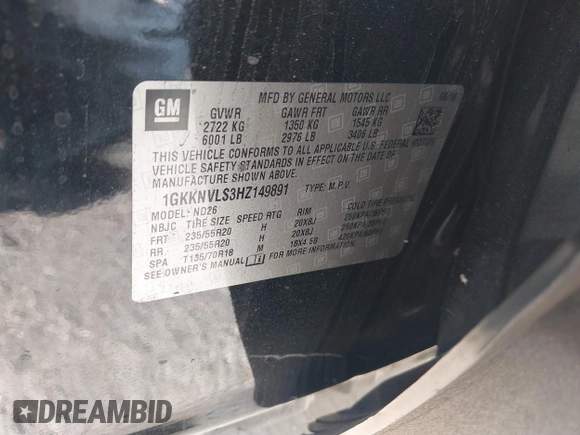 2017 GMC Acadia SLT with VIN 1GKKNVLS3HZ149891, listed as a IAAI auction lot 41792650 with 120,947 mi miles. Bid and sale history available at carsss.com. Image 9.