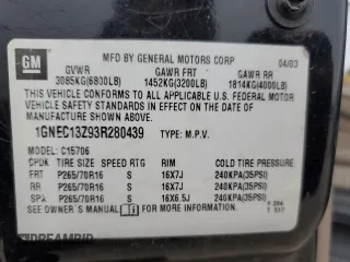 2003 Chevrolet Tahoe LS with VIN 1GNEC13Z93R280439, listed as a Copart auction lot 46139355 with 208,841 mi miles and Salvage Title. Bid and sale history available at carsss.com. Image 13.