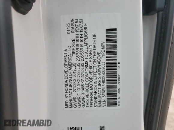 2025 Honda Odyssey Touring with VIN 5FNRL6H8XSB039033, listed as a Copart auction lot 56111255 with 4,842 mi miles and Salvage title. Bid and sale history available at DreamBid. Image 13.