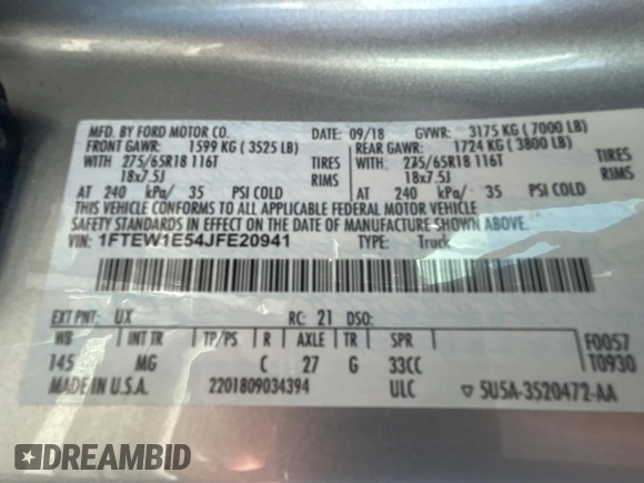 2018 Ford F-150 XL with VIN 1FTEW1E54JFE20941, listed as a Copart auction lot 55782305 with 201,769 mi miles and Clean Title. Bid and sale history available at carsss.com. Image 10.