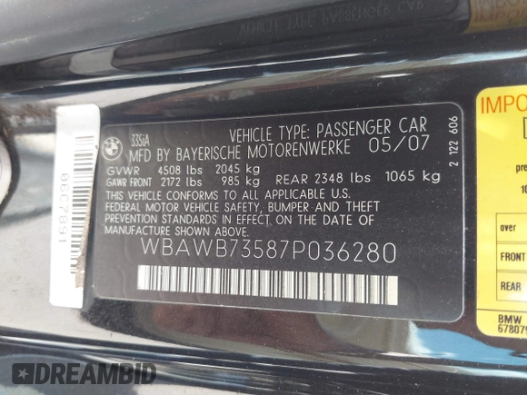 2007 BMW 3 Series 335i with VIN WBAWB73587P036280, listed as a IAAI auction lot 42185422 with 82,724 mi miles and . Bid and sale history available at DreamBid. Image 9.