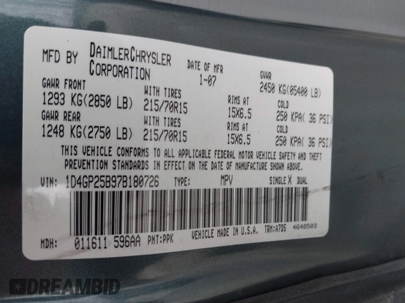 2007 Dodge Caravan SE with VIN 1D4GP25B97B180726, listed as a IAAI auction lot 41711891 with 145,046 mi miles and . Bid and sale history available at DreamBid. Image 9.