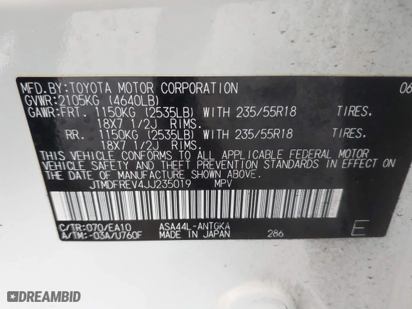 2018 Toyota RAV4 Limited with VIN JTMDFREV4JJ235019, listed as a IAAI auction lot 41896403 with 70,708 mi miles. Bid and sale history available at carsss.com. Image 9.