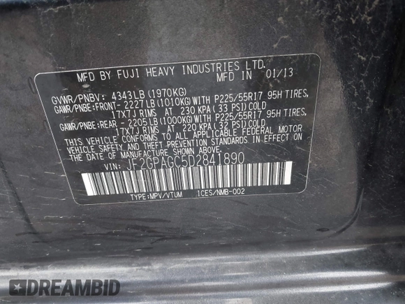 2013 Subaru Crosstrek Limited with VIN JF2GPAGC5D2841890, listed as a IAAI auction lot 41480904 with 225,864 mi miles and . Bid and sale history available at DreamBid. Image 9.