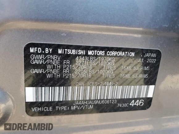 2022 Mitsubishi RVR ES with VIN JA4AHUAU9NU606123, listed as a Copart auction lot 75098854 with 37,552 mi miles and Clean Title. Bid and sale history available at carsss.com. Image 13.