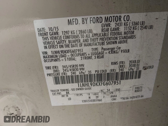 2015 Lincoln MKS with VIN 1LNHL9DKXFG607951, listed as a IAAI auction lot 40807752 with 207,097 mi miles. Bid and sale history available at carsss.com. Image 9.