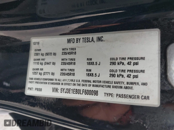2020 Tesla Model 3 Long Range z VIN 5YJ3E1EB0LF600098, wystawiony jako IAAI lot #41071258 z przebiegiem 149 939 mil mil oraz . Historia ofert i sprzedaży dostępna na DreamBid. Obrazek 9.