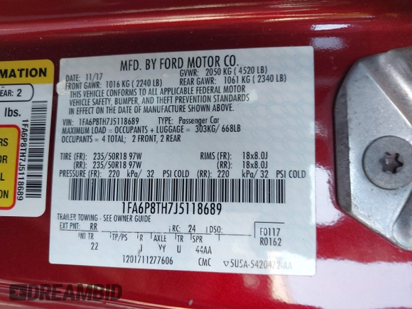2018 Ford Mustang EcoBoost with VIN 1FA6P8TH7J5118689, listed as a IAAI auction lot 41635140 with 110,579 mi miles and . Bid and sale history available at carsss.com. Image 9.