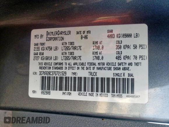 2007 Dodge 2500 SLT with VIN 3D7KR28C37G721529, listed as a Copart auction lot 54500465 with 167,983 mi miles and Clean title. Bid and sale history available at DreamBid. Image 12.