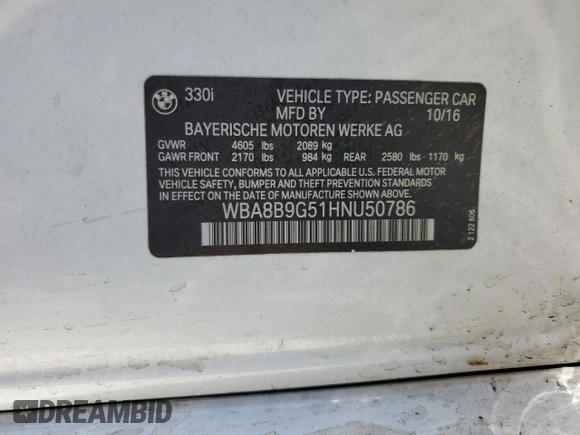 2017 BMW 3 Series 330i with VIN WBA8B9G51HNU50786, listed as a Copart auction lot 54413545 with 57,376 mi miles and Salvage Title. Bid and sale history available at DreamBid. Image 12.