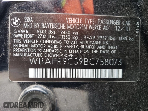 2011 BMW 5 Series 550i z VIN WBAFR9C59BC758073, wystawiony jako Copart lot #51845155 z przebiegiem 202 354 mil mil oraz Szkoda całkowita • Salvage title. Historia ofert i sprzedaży dostępna na DreamBid. Obrazek 14.