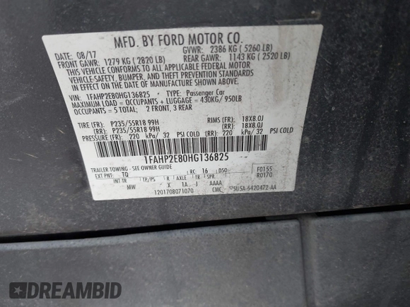 2017 Ford Taurus SEL with VIN 1FAHP2E80HG136825, listed as a IAAI auction lot 41642935 with 144,749 mi miles and . Bid and sale history available at DreamBid. Image 9.