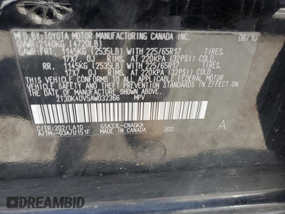 2010 Toyota RAV4 Limited with VIN 2T3DK4DV5AW032366, listed as a Copart auction lot 64269605 with 291,929 mi miles and Clean title. Bid and sale history available at DreamBid. Image 13.