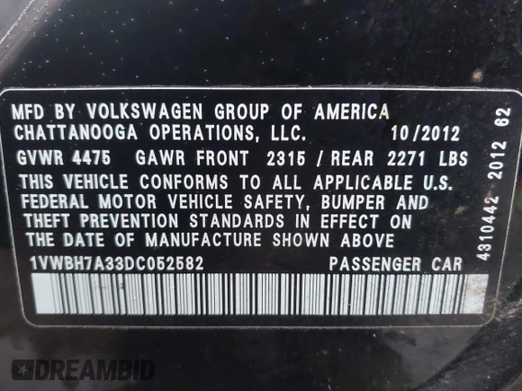 2013 Volkswagen Passat SE с VIN 1VWBH7A33DC052582, выставлен на аукционе IAAI как лот 41431178 с пробегом 127 072 миль миль и . История ставок и продаж доступна на DreamBid. Изображение 9.