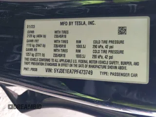 2023 Tesla Model 3 with VIN 5YJ3E1EA7PF473749, listed as a IAAI auction lot 41921478 with 21,483 mi miles and . Bid and sale history available at DreamBid. Image 9.