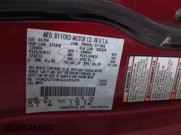 2004 Ford Explorer Limited with VIN 1FMDU75W34ZA95470, listed as a IAAI auction lot 41582263 with 199,450 mi miles and . Bid and sale history available at DreamBid. Image 9.