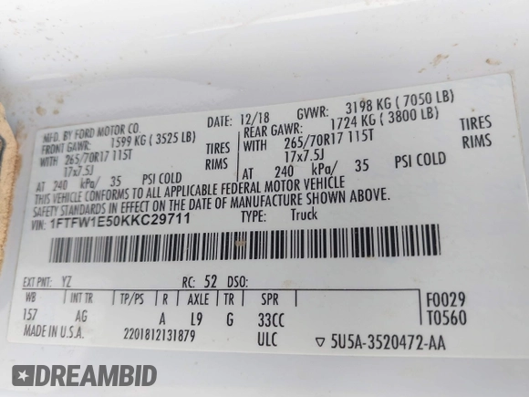 2019 Ford F-150 XL with VIN 1FTFW1E50KKC29711, listed as a IAAI auction lot 42086650 with 171,900 mi miles. Bid and sale history available at carsss.com. Image 8.