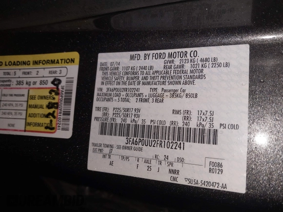 2015 Ford Fusion S Hybrid with VIN 3FA6P0UU2FR102241, listed as a IAAI auction lot 41003479 with 88,020 mi miles. Bid and sale history available at carsss.com. Image 9.